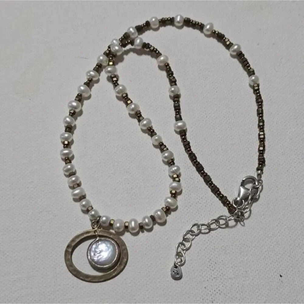 SILPADA N1894‎ Pearl Brass Sterling Silver Go Coastal Necklace 925